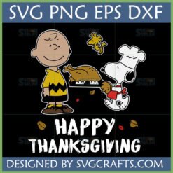 Charlie Brown, Snoopy chef with turkey, and Woodstock with 'Happy Thanksgiving' text.