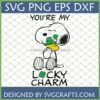 Snoopy wearing a leprechaun hat and holding a four-leaf clover with the text 'You're My Lucky Charm' in SVG, PNG, EPS, DXF formats.