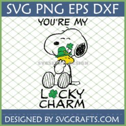 Snoopy wearing a leprechaun hat and holding a four-leaf clover with the text 'You're My Lucky Charm' in SVG, PNG, EPS, DXF formats.