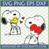 Two Snoopy and Woodstock love designs for crafting, featuring Snoopy holding Woodstock and Snoopy holding a heart. Includes SVG, PNG, EPS, DXF file formats.