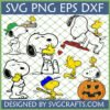 Snoopy and Woodstock SVG Bundle for Cricut featuring various poses and a Halloween pumpkin.