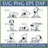 Nine black and white line art illustrations of Snoopy, the Peanuts character, in various funny and cute yoga poses on yoga mats. Includes SVG, PNG, EPS, DXF file types for crafting.