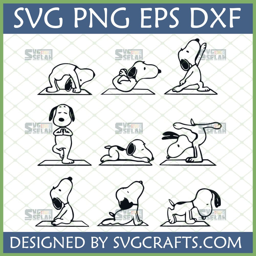Nine black and white line art illustrations of Snoopy, the Peanuts character, in various funny and cute yoga poses on yoga mats. Includes SVG, PNG, EPS, DXF file types for crafting.
