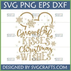 Snowflake Kisses Christmas Wishes SVG Disney design with Mickey Mouse head and snowflakes