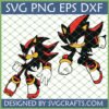 Two dynamic poses of Shadow the Hedgehog, black and red character, in SVG PNG EPS DXF file formats for crafting.