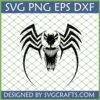 Black silhouette of Marvel's Venom head with sharp teeth and spider symbol, shown as an SVG PNG EPS DXF digital cut file.