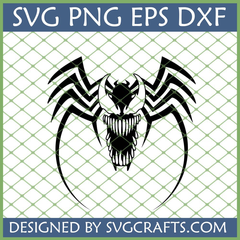 Black silhouette of Marvel's Venom head with sharp teeth and spider symbol, shown as an SVG PNG EPS DXF digital cut file.