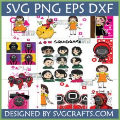 Squid Game SVG PNG DXF EPS Bundle featuring Younghee doll, masked guards, and players for Cricut and sublimation crafts