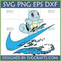 Squirtle Surfing Nike Swoosh SVG for Cricut. A blue Squirtle character riding a blue Nike swoosh surfboard with water splashes. High-quality digital cut file for DIY crafts.