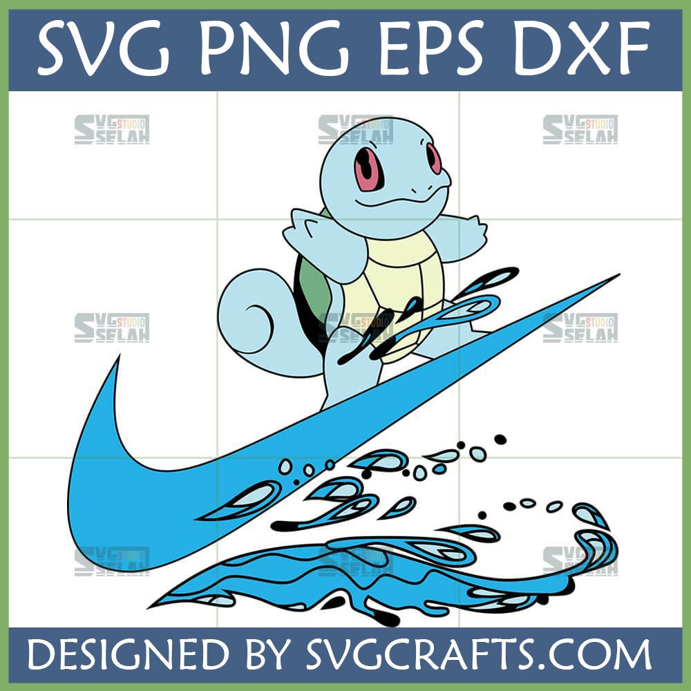Squirtle Surfing Nike Swoosh SVG for Cricut. A blue Squirtle character riding a blue Nike swoosh surfboard with water splashes. High-quality digital cut file for DIY crafts.