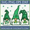 Three charming St Patrick's Day gnomes SVG design with shamrocks, gold coins, and horseshoe, perfect for Cricut and sublimation crafts.