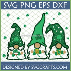 Three charming St Patrick's Day gnomes SVG design with shamrocks, gold coins, and horseshoe, perfect for Cricut and sublimation crafts.