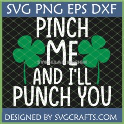 Funny St Patrick's Day SVG with 'Pinch Me And I'll Punch You' text and green shamrocks, perfect for Cricut and sublimation.