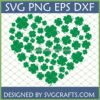 St Patrick's Day Heart Clover SVG design featuring multiple green four-leaf clovers forming a heart shape, ready for Cricut and Silhouette projects.