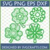 St Patrick's Day Mandala SVG Bundle with four intricate lucky clover and shamrock designs in green, for Cricut and Silhouette projects.