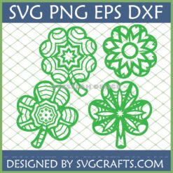 St Patrick's Day Mandala SVG Bundle with four intricate lucky clover and shamrock designs in green, for Cricut and Silhouette projects.