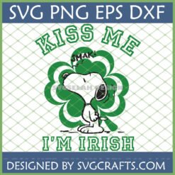 Snoopy Kiss Me I'm Irish SVG design with a four-leaf clover for St. Patrick's Day crafting.