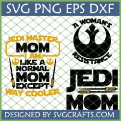 Star Wars Mom SVG Bundle featuring Jedi Master Mom, A Woman's Resistance, and Jedi Mom designs for Cricut and Silhouette