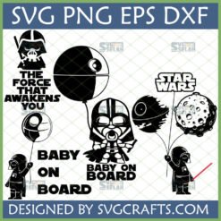 Star Wars Baby Vader SVG Bundle for Cricut and Silhouette, featuring designs like "The Force That Awakens You" and "Baby On Board" with Death Star balloons.