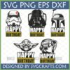Star Wars Birthday SVG Bundle featuring Darth Vader, Yoda, Stormtrooper, Boba Fett, and Clone Trooper helmets with Happy Birthday text for Cricut and Sublimation.