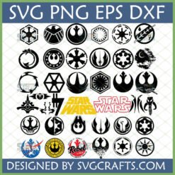 Star Wars SVG Bundle featuring various iconic logos like Rebel Alliance, Imperial Cog, Mandalorian Mythosaur, Death Star, Jedi Order, and Star Wars text for Cricut and Silhouette.