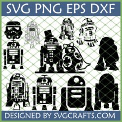 Star Wars Droid SVG Bundle featuring R2-D2, BB-8, C-3PO, and Stormtrooper helmet designs for Cricut