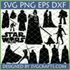 Star Wars SVG Bundle featuring iconic character silhouettes like Darth Vader, Luke Skywalker, and Princess Leia for Cricut and Silhouette cutting machines.