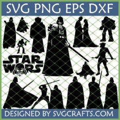 Star Wars SVG Bundle featuring iconic character silhouettes like Darth Vader, Luke Skywalker, and Princess Leia for Cricut and Silhouette cutting machines.
