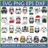 A collection of 28 different Star Wars Stormtrooper Helmet SVG designs, including classic, First Order, distressed, Christmas, and patriotic styles.