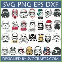 A collection of 28 different Star Wars Stormtrooper Helmet SVG designs, including classic, First Order, distressed, Christmas, and patriotic styles.