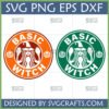 Two circular logos, one orange and one green, featuring a 'Basic Witch' design with a witch hat, brooms, and pumpkins, in a style parodying a famous coffee brand. Files are SVG PNG EPS DXF.