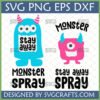 Cute Monster Stay Away Spray SVG file with blue and pink cartoon monsters for kids' crafts.