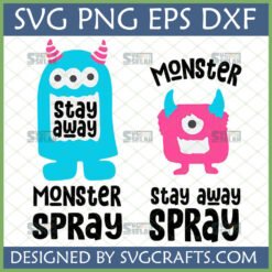 Cute Monster Stay Away Spray SVG file with blue and pink cartoon monsters for kids' crafts.