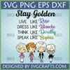 Chibi Golden Girls SVG design featuring "Stay Golden" quote and characters Rose, Blanche, Dorothy, Sophia, perfect for Cricut crafting.