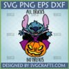 Stitch Vampire Halloween SVG with 'All Tricks, No Treats' text and pumpkin