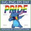 Stitch Pride SVG PNG EPS DXF with Stitch dabbing and wearing rainbow sunglasses under a rainbow 'PRIDE' text.