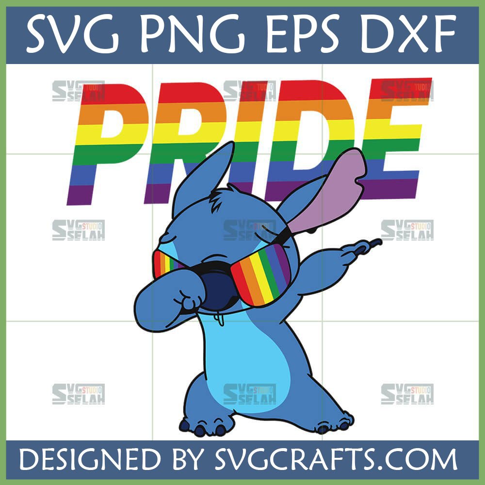 Stitch Pride SVG PNG EPS DXF with Stitch dabbing and wearing rainbow sunglasses under a rainbow 'PRIDE' text.