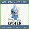 Adorable Stitch from Lilo and Stitch wearing bunny ears with 'Happy Easter' text and two decorated Easter eggs, available as SVG, PNG, EPS, DXF files from SVGCrafts.