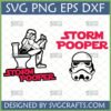 Funny Storm Pooper SVG design featuring a Stormtrooper on a toilet with a phone, alongside a separate Stormtrooper helmet outline.