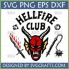 Hellfire Club SVG design featuring a demon skull, D20 die, dagger, and mace, inspired by Stranger Things.
