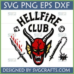 Hellfire Club SVG design featuring a demon skull, D20 die, dagger, and mace, inspired by Stranger Things.