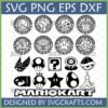 Mario Kart SVG Bundle with iconic items like Mushroom, Star, Koopa Shell, Banana, and logo for Cricut and sublimation.