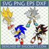 Sonic Hedgehog Characters SVG Bundle featuring Super Sonic, Silver, Sonic, and Shadow in dynamic poses, available as SVG, PNG, EPS, DXF files for crafting.