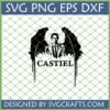 Castiel Angel Wings SVG digital design for Supernatural fans, featuring the character in a trench coat with distressed black wings and the name 'CASTIEL' below.