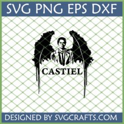Castiel Angel Wings SVG digital design for Supernatural fans, featuring the character in a trench coat with distressed black wings and the name 'CASTIEL' below.