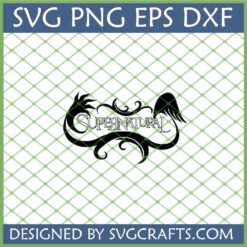 Supernatural Angel Demon Wings SVG file for Cricut, featuring stylized text with angel wings and demon claws, on a green grid background.