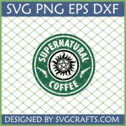 Supernatural Coffee SVG design with anti-possession symbol and pistols, parodying Starbucks logo for Cricut and Silhouette crafts.
