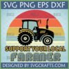 Retro Farmer SVG Design with a black tractor silhouette and 'Support Your Local Farmer' text against a striped sunset background, ideal for Cricut and sublimation projects.