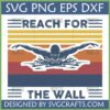 Retro 'Reach for the Wall' Swimmer SVG design with a butterfly stroke athlete and vintage stripes for Cricut projects