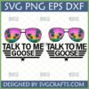 Top Gun Talk To Me Goose SVG design with aviator sunglasses reflecting a beach sunset, available in clean and distressed versions for Cricut and sublimation.